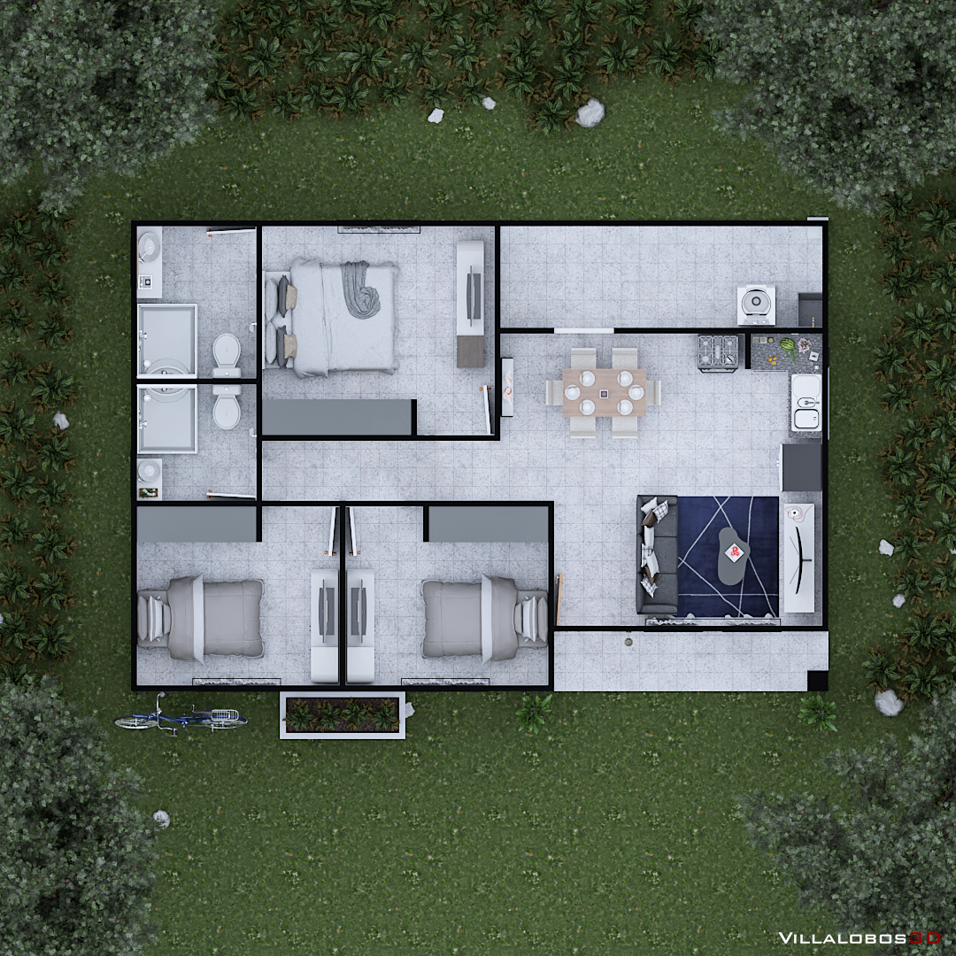 Planta Distribuida 3D Casa Pacora